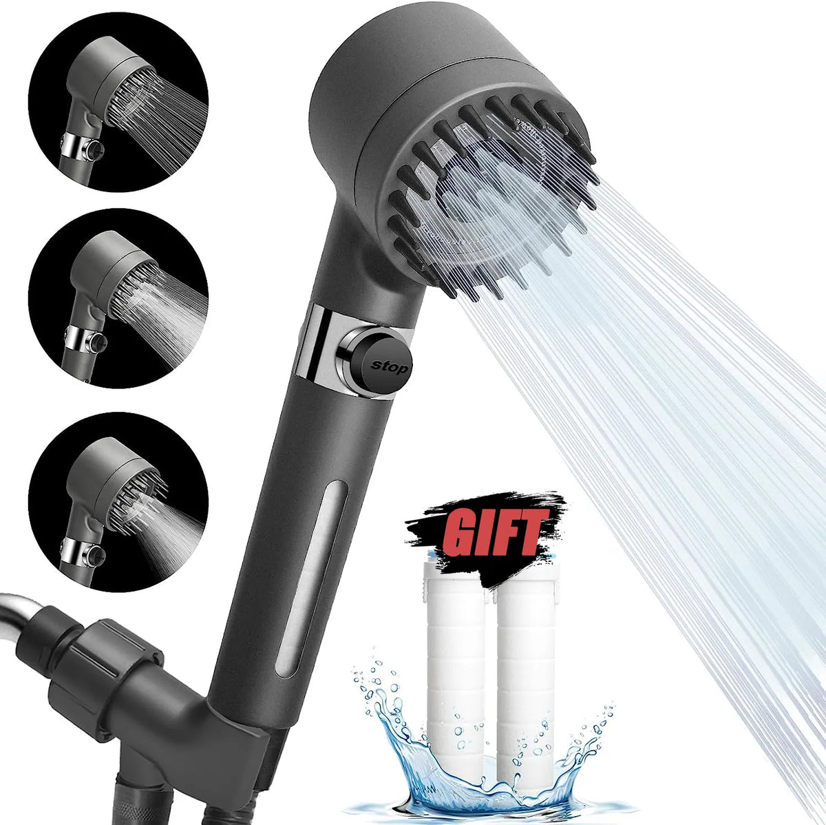 PureFlow High-Pressure Shower Head – 3-Mode Adjustable Spray with Massage Brush Filter for Ultimate Bathroom Relaxation