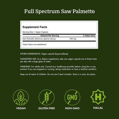 Saw Palmetto - Herbal Supplement Promoting Male Prostate Health Support - Natural Hair Supplement & Urinary Health Support - 540 Mg 250 Capsules