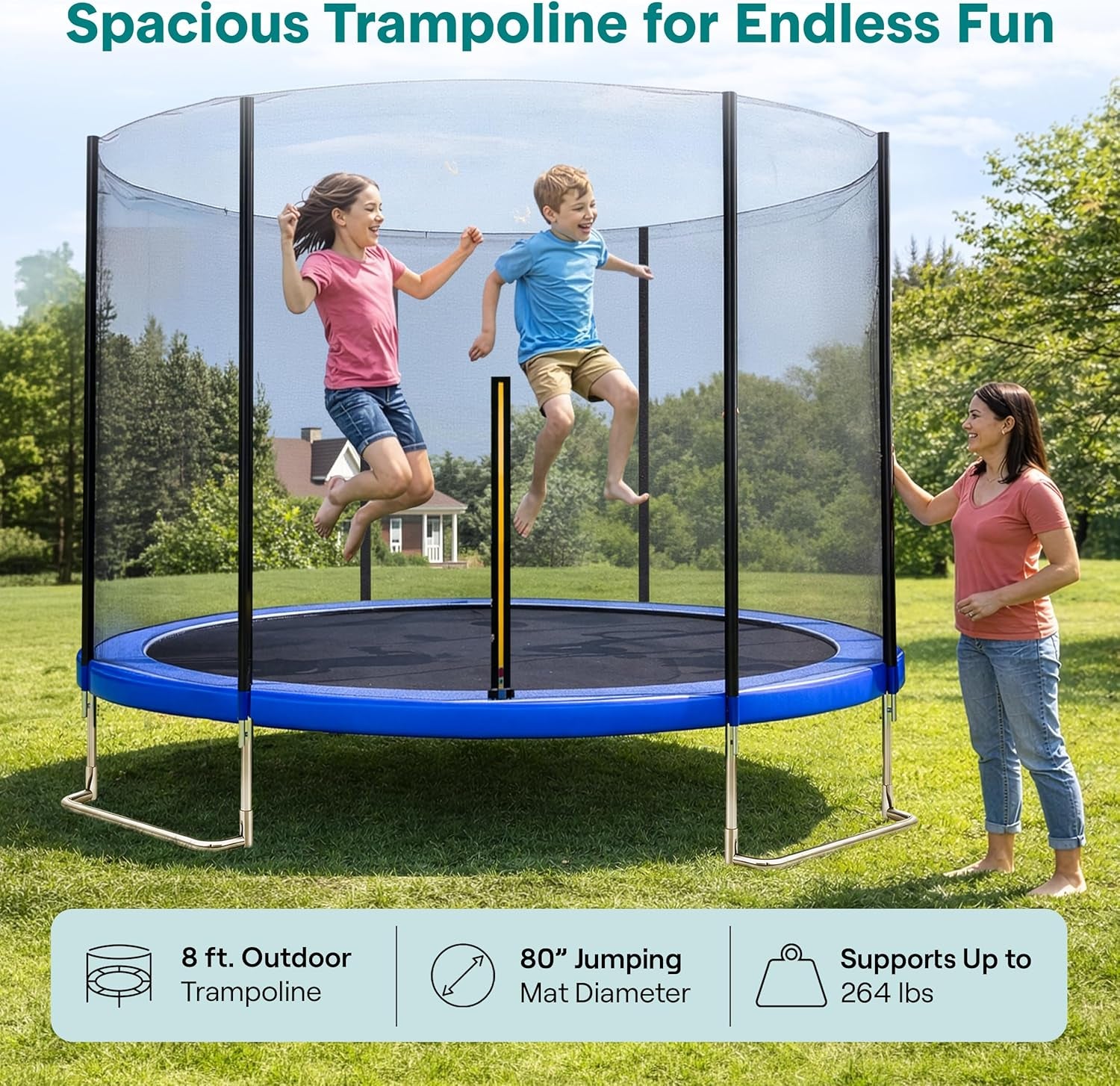ASTM Approved Trampoline with Net Enclosure – Stable, Strong Kids and Adult Trampoline with Net – Outdoor Trampoline for Kids, Teens and Adults – Reinforced Kids, Blue,